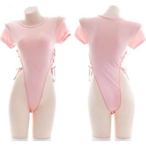 Sexy High split Side Siamese Bandge Short Sleeve Pajamas Pink Girls Bodysuit Swimsuit Gymnastics suit Student Sukumizu Cosplay