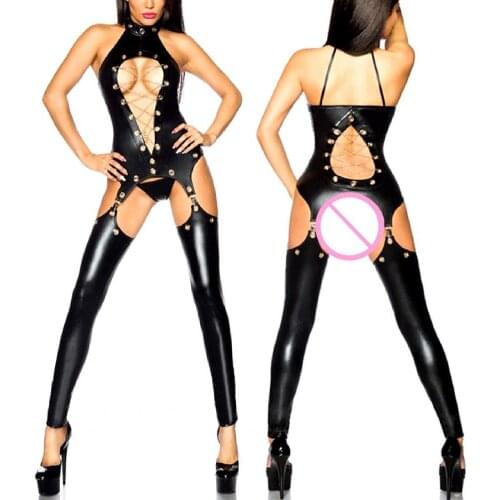 80% HOT SALES！！！Women Sexy Faux Leather Sleeveless Slim Party Club Top Pants Underwear Nightwear