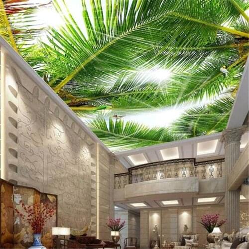 Custom wallpaper 3d beautiful blue sky white clouds coconut tree seabird sun ceiling zenith murals papel de parede 3d wallpaper