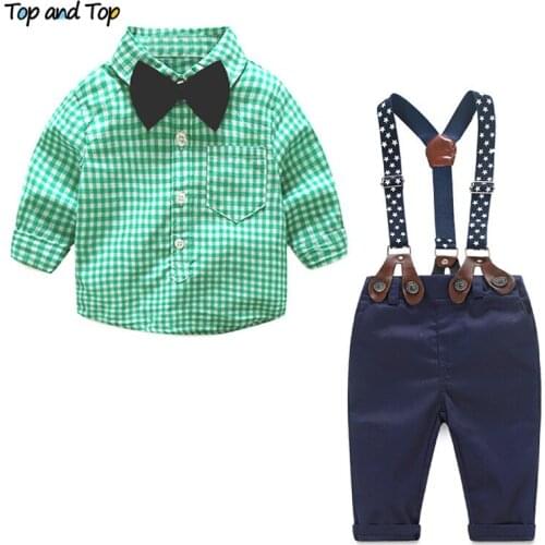 Top and Top Toddler Boys Clothing Set Long Sleeve Plaid Shirt with Bow Tie+Suspenders Trousers Formal Wedding and Party Costume
