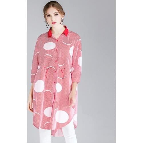 Womens casual shirts Loose large size polka Dot shirt Mid sleeve spring new turn down collar shirt Black lace-up long shirts