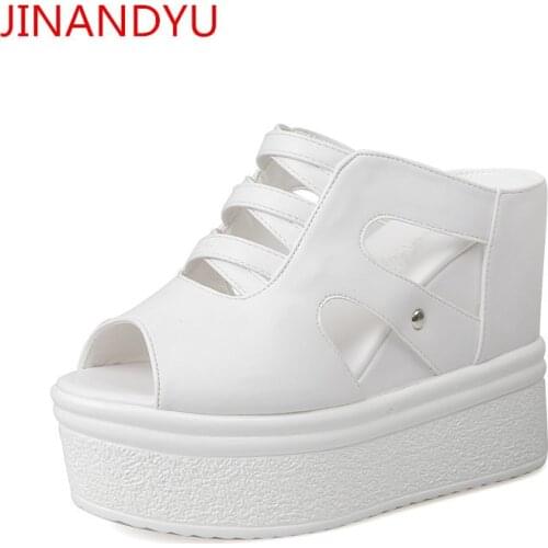 Woman Sandals Leather Wedges Platform Shoes Black White High Heels Casuales Ladies Slippers Summer Sliders Shoes Women Pumps