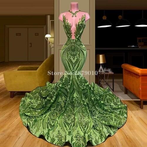 Green Middle East Mermaid Evening Dress Floor-Length Sequins Prom Dress Robe De Soiree Aibye Sleeveless Formal Dress 2020 Dubai