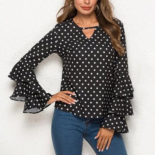 Women Blusas Polka Dot Print Flare Sleeve Shirts Sexy V-neck Long Sleeve Chiffon Blouse Tops Korean White Black Blouse