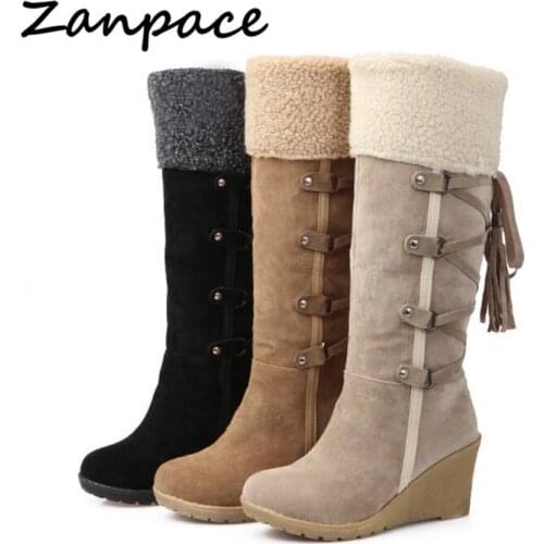 2020 Autumn Large Size 43 Snow Boots Wedges Keep Warm Winter Women Boots Tassel High Heel Round Toe Knee High Womens Shoes