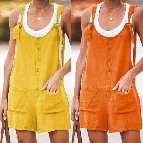 Plus Size Casual Playsuits Women Summer Sleeveless Backless Lace Up Rompers Ladies Tank Jumpsuits Buttons Pocket Loose Overalls