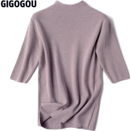 GIGOGOU Half Sleeve Women Turtleneck Sweater Autumn Spring Pullover Top Soft Female Jumper Black White Tight Sweaters Pull Femme