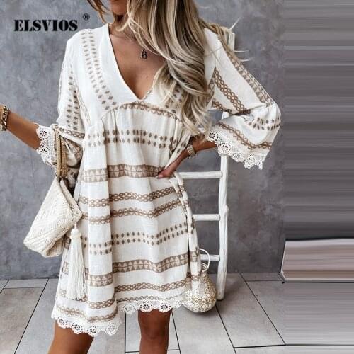 2021 Summer Sexy V-Neck Print Dress Women Casual Flared Sleeve Party Lace Dresses Office Ladies Loose Elegant Mid Dress Vestidos