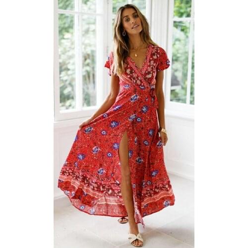 2019 UK Mulheres Vestido Boemia V-Neck Floral Split Dress Boho Summer Beach Casual Long Sundress HUA Sexy Retro Loose dress
