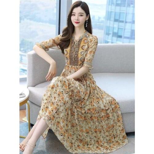 Retro Floral Dress For Women Spring/Summer 2021 New Chiffon Dress Female French Printed Long Slim Elegant Vestidos Midi zh589