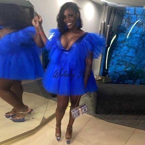 Sexy Royal Blue Ruffled Tulle Short Dresses For Women Deep V-Neck Cocktail Party Mini Dress Custom Made Plus Size Real Image