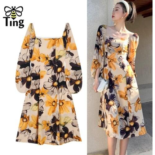 Tingfly Vintage Elegant Square Collar Floral Print Casual Dress Women Summer Boho Fashion Flower Knee Length Dress Female Clothe