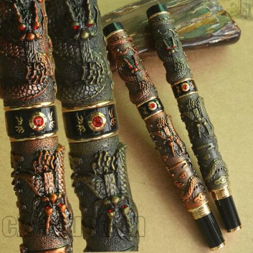 ROLLER BALL PEN 2 PCS JINHAO ANTIQUE BRASS COPPER TWO DRAGON PLAY PEARL