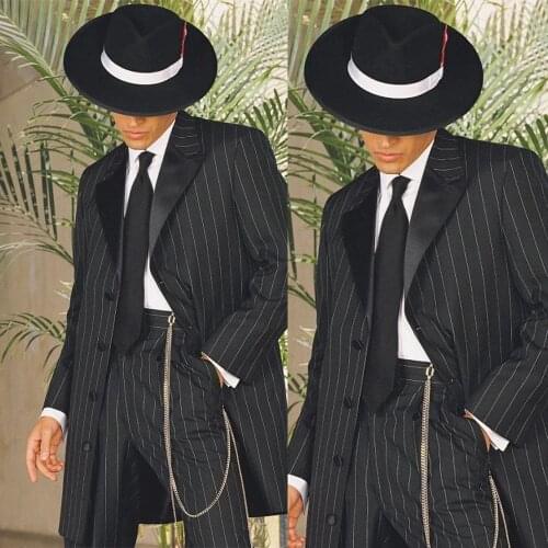 2020 Long Style Mens Vintage Stripe Suits Peaked Lapel Groom Wear Tuxedos 2 pcs Peaky Blinder(Jacket+pants)