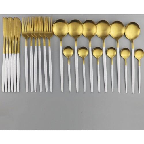 24Pcs White Gold Dinnerware Set 304 Stainless Steel Tableware Set Fork Spoon Knife Cutlery Set Kitchen Matte Dinner Flatware Set
