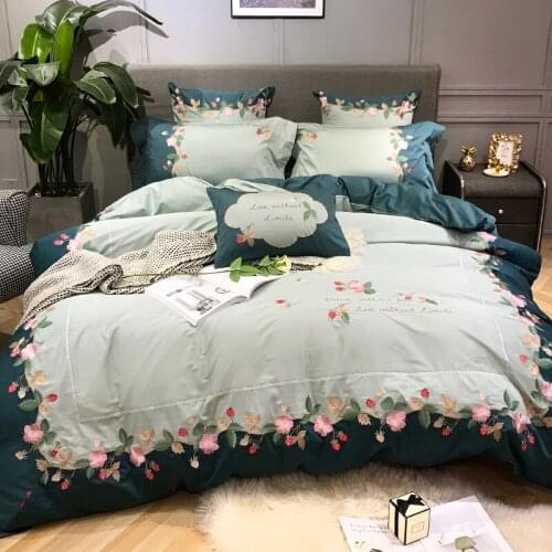 Blue luxury Sanding 100% cotton Embroidered Flower Bedding sets Queen King Wedding Duvet cover Bed sheet set Pillowcases 4/6pcs