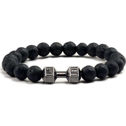 Natural Volcanic Stone Bracelet Men Matte Black Lave White Beads Charm Dumbbell Strand Bracelets Women Barbell Fitness Jewelry
