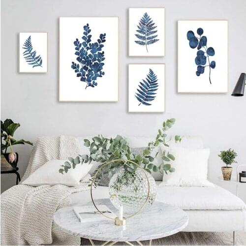 Ink Blue Fern Prints Watercolor Indigo Leaf Botanical Art Canvas Painting Ink Blue Eucalyptus Foliage Painting Home Wall Decor