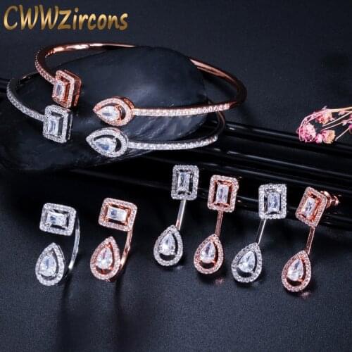 CWWZircons Brand Fashion Ladies Jewelry Set Micro Pave CZ Stone Cuff Bracelet Bangle Rings Earrings for Women Engagement T338
