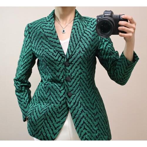 Designers Emerald Animal Print Tulip Structure Blazer Forest Green Zebra Jacquard Jacket Three Button Wave Texture Peplum Blazer