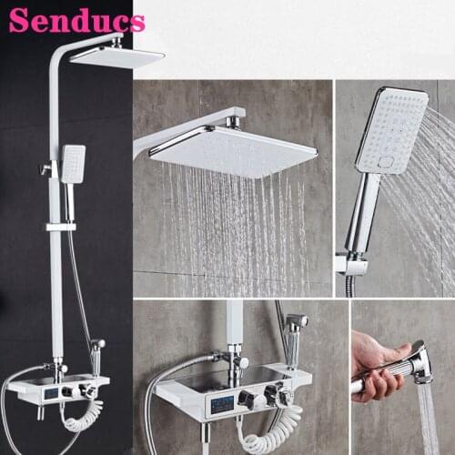 Bathroom Shower System Senducs White Chrome Bathtub Mixer Faucet Rainfall Shower Head Thermostatic Digital Bath Shower Mxier Set