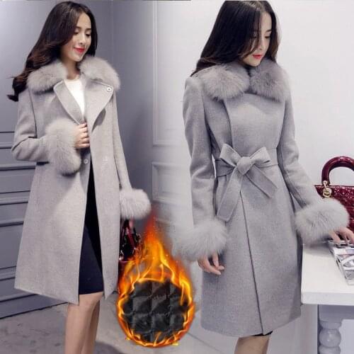 Gray elegant Winter Coat Jacket Women Elegant Gray Cashmere Coat Belt Plus Size Wool Jacket Korean Warm Long Coat Fur Collar