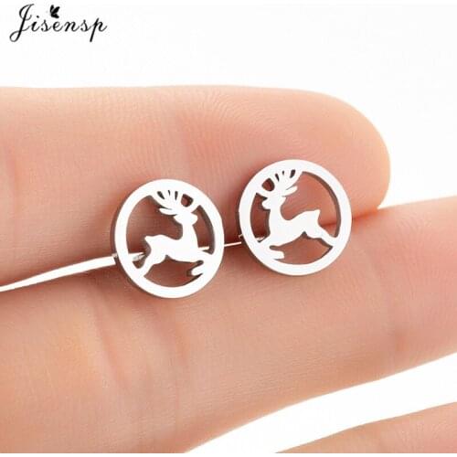 Jisensp Simple Round Vintage Deer Stud Earrings Fashion Jewelry for Women Lovely Elk Stainless Steel Earrings Christmas Gift