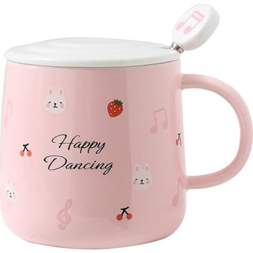 Ceramic Coffee Mug with Lids, Spoon, 480ml, "Happy Dancing" Mugs Great for Your Coffee & Tea, Milk, Large Insulated Mug