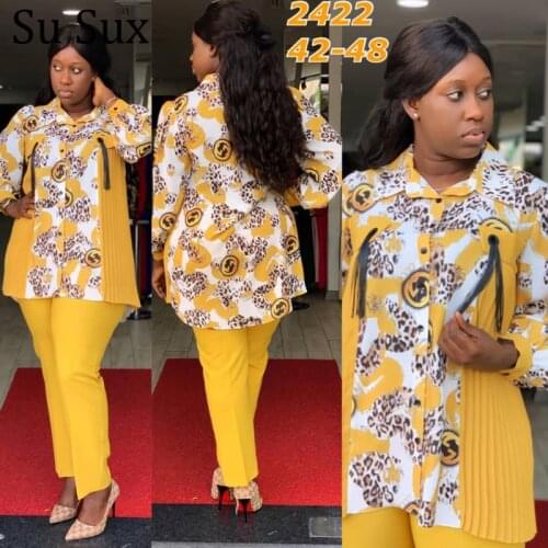 Geometry Print Two Piece Set Women Outfits African Clothes Casual Short Sleeve Top&Wide Leg Pants Set Tracksuit Streetwear 2020