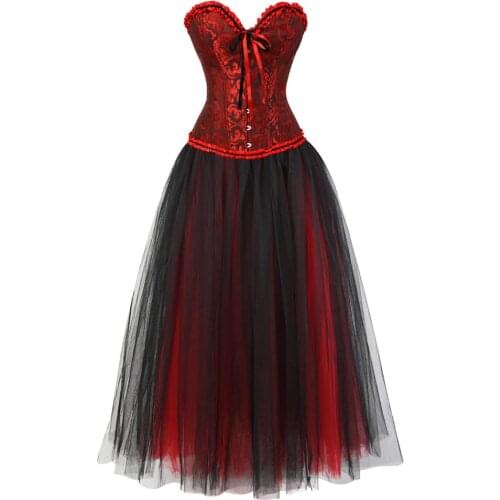 Corset Skirt Steampunk Palace Jacquard Bustiers Ribbon Lace with Long Tulle Tutu Dance Carnival Party Dresses Corselet Plus Size