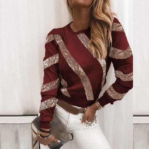 Fashion O Neck Striped Sequined Long Sleeve T-shirt Women Spring Winter Clothes CasualTee Tops Female Casual Elegant Tshirt