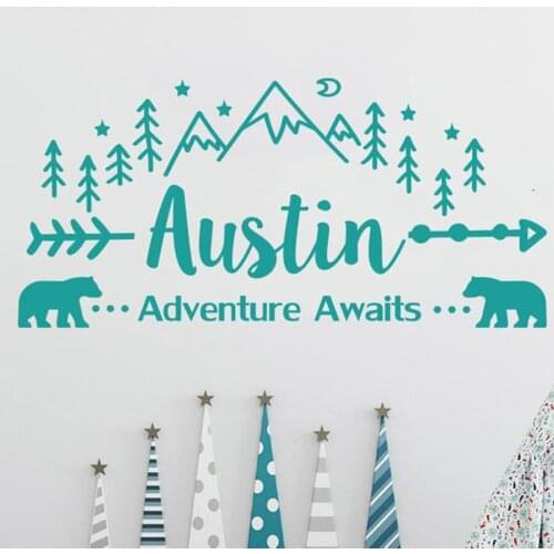 Adventure Awaits Wall Decal Personalized Vinyl Sticker Decals Custom Name Mountain Nursery Rustic Decor Kids Room Bedroom Y003