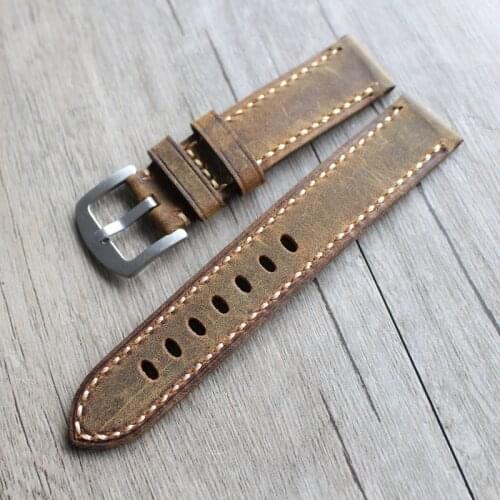 MERJUST Handmade Crazy Horse Genuine Leather Watchbands 20mm 22mm Brown Retro Strap For U-boat Big Pilot Watch Bracelet
