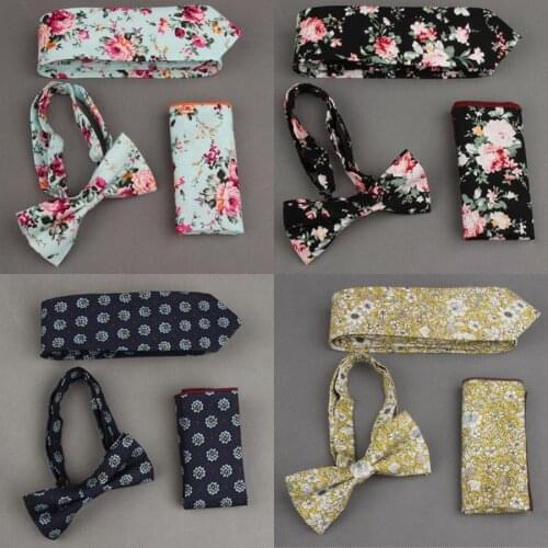 Ricnais Classic 6cm Slim Mens Bowtie Pocket Square Tie Sets Black Green Paisley Floral Print Handkerchief Bow Tie Sets Suit Men