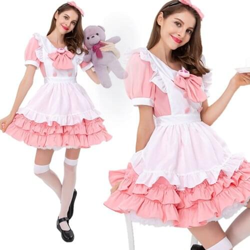 Pink Maid Outfit Cosplay Lolita Anime Costume Strappy Princess Dress Lace Doll Skirt Maid Clothing Cafe Woman Sissy Crossdress