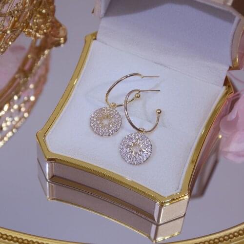 14k Real Gold Plated Fashion Jewelery Crystal Round Star Exquisite Stud Earrings for Woman Holiday Party Elegant Earring