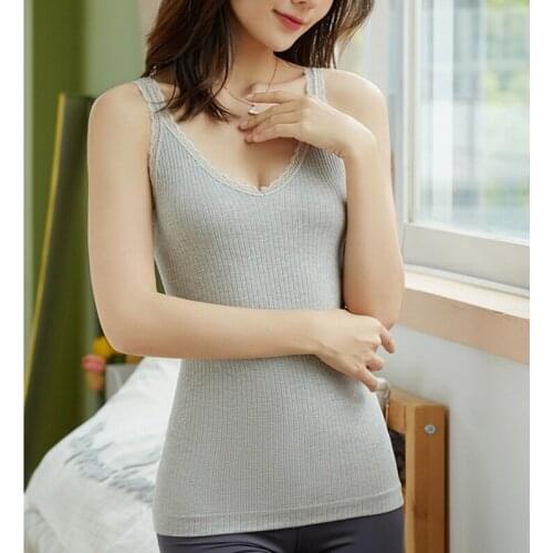 Womens Lace V Neck Sleeveless Backless Camisole Top with Elastic Slim Base Bottoming Tank Top with Chest Pad Thin Velvet Tops