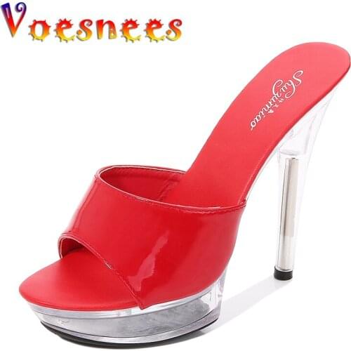 Voesnees Patent Leather Slippers Summer Transparent High Heels 13cm Sexy High Shoes Waterproof Platform Female Shoes for Party