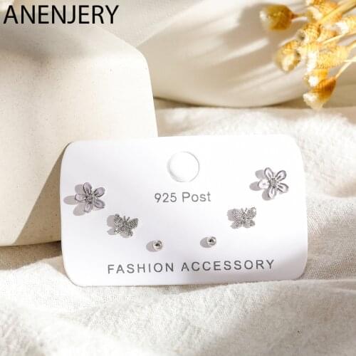 ANENJERY Sweet 6-piece Earrings Set Silver Color Cubic Zircon Butterfly Flower Dot Earrings For Women Birthday Gift SS-E1224