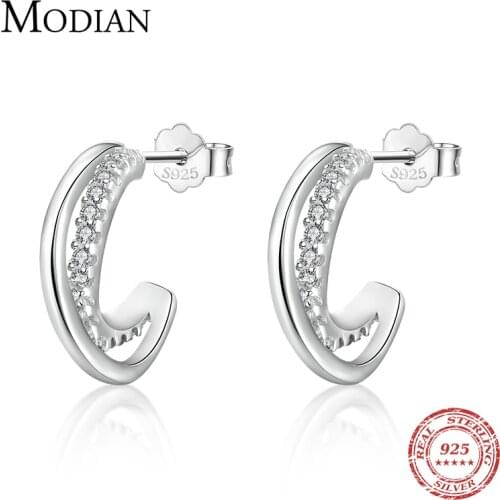Modian Silver Line Clear CZ Stud Earrings 100% 925 Sterling Silver Geometry Exquisite Earring For Women Wedding Fine Jewelry
