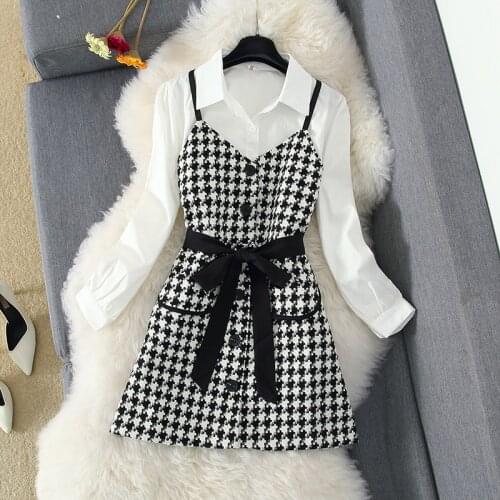 Autumn New Vintage Tweed Houndstooth Tank Dress Two Piece Set Women Puff Sleeve White Shirt + Plaid Belted Strap Dress Suits