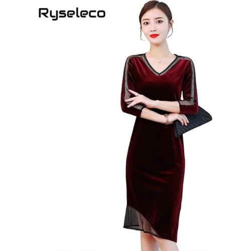 Women Fall Basic Velvet Dresses Female Vintage Elegant Plus Size Cutout Mesh Patchwork Splits Midi Pencil Casual Large Dress 3XL