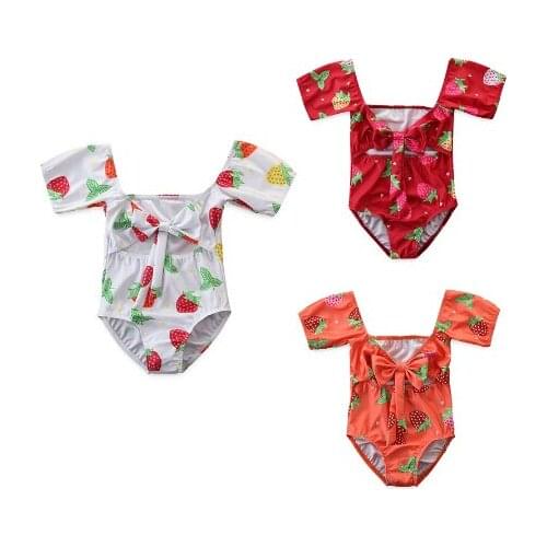 1-6Y Summer Toddler Baby Girls One Piece Bikini Flowers Print Off Shoulder Short Sleeve Swimwear 3 Colors