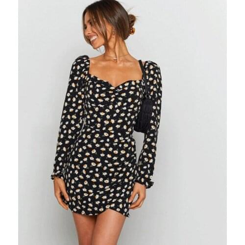 2021 Long Sleeve Sexy Print Mini Dress Women Square Collar High Wasit Backless Dresses Women Floral Fashion Style Dress