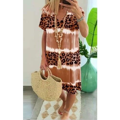 Women Casual Long Dress V Neck Short Sleeve Print Leopard Patchwork Big Hem Loose Waist Daily Travel Home Style Vestidos Summer