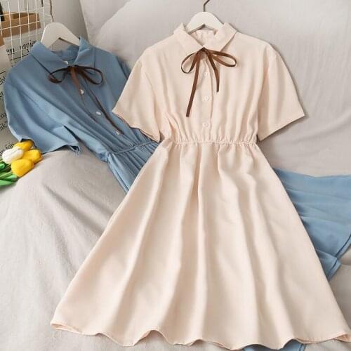 Women Chiffon Solid Dress High Waist Turn-down Collar Dress Preppy Style Kawaii Ulzzang Popular Temperament Summer Holiday Dress