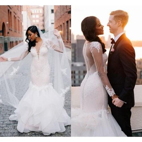 Modest African Mermaid Wedding Dresses 2020 vestido de novia Long Sleeve Wedding Gowns Sheer Illusion Lace Bridal Dress Handmade