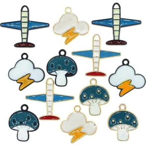 10pcs/lot Unique Enamel Cartoon Airplane Mushroom Lightning Cloud Black and Gold Charms For Earrings DIY Jewelry Making Findings