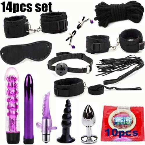 14pcs Sex Toys for Women Men Handcuffs Nipple Clamps Whip Spanking Sex Silicone Metal Anal Plug Butt Bdsm Vibrator Bondage Set