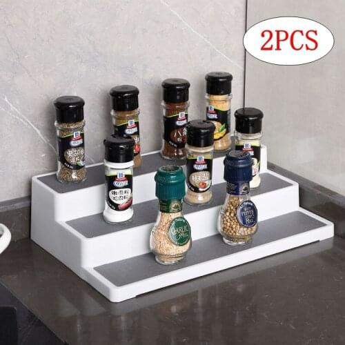 2 Pcs 3-Tier Seasoning Kitchen Storage Desktop Bottles Jars Cans PP + PPR Cupboard Organizer Waterproof Shelf Storage Box